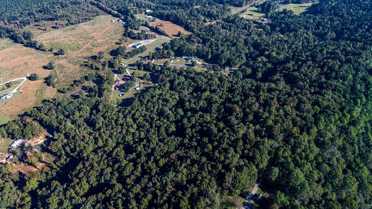 Wide aerial view of a heavily wooded tract with open fields and a road to the left
